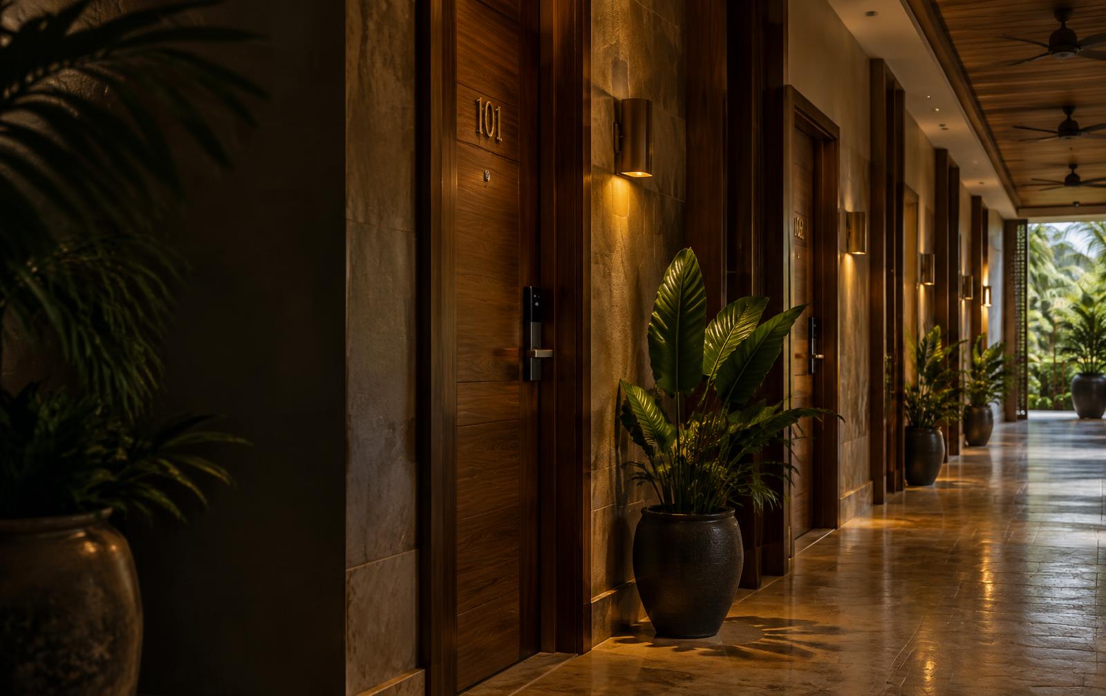 Hotel corridor with timber guestroom doors