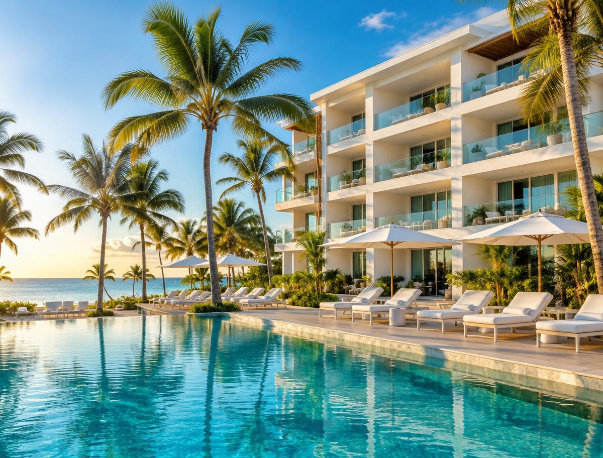 Beachfront resort hotel with pool and palm trees