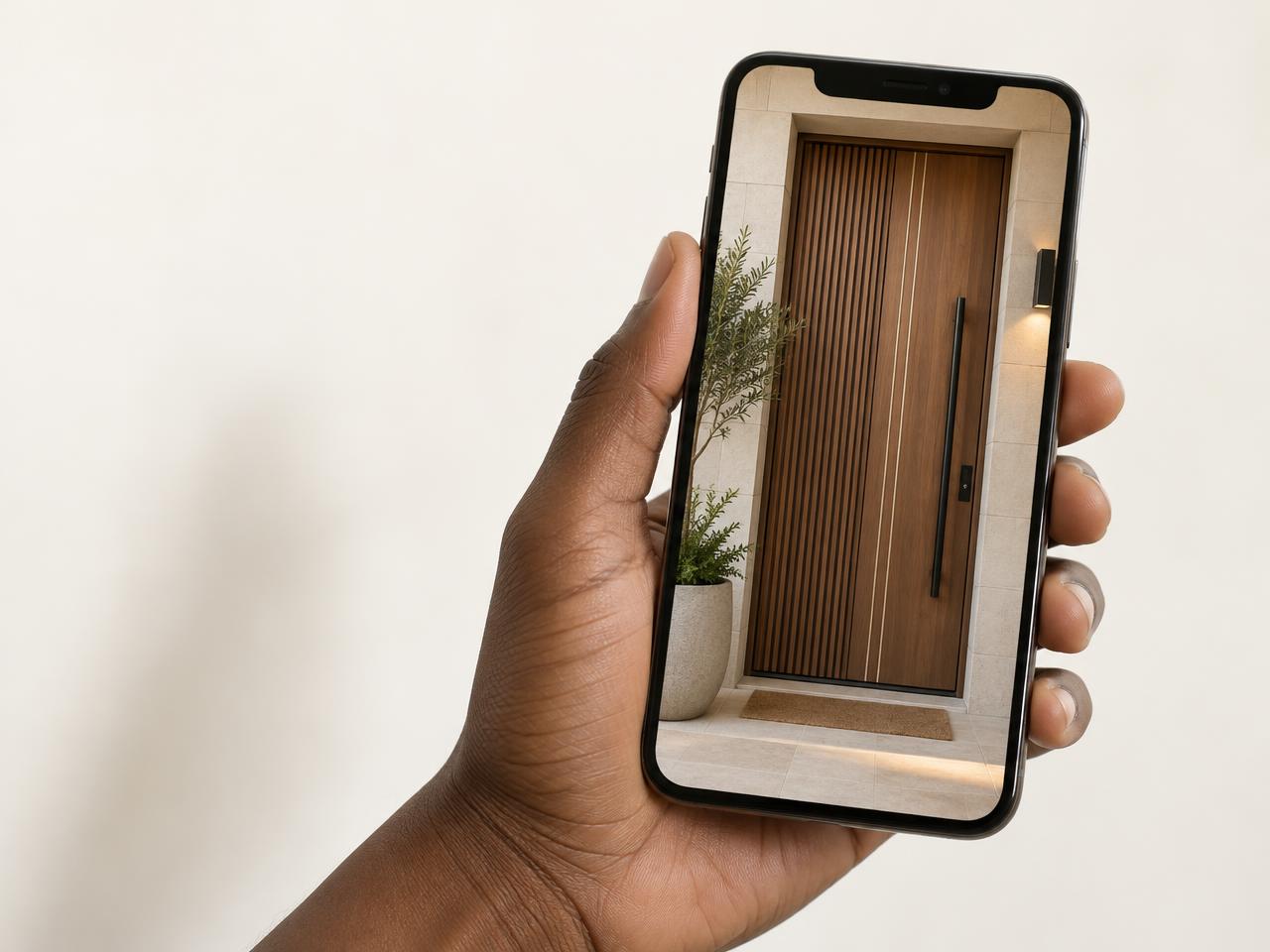 A hand holding a phone showing a photo of a modern wooden front door